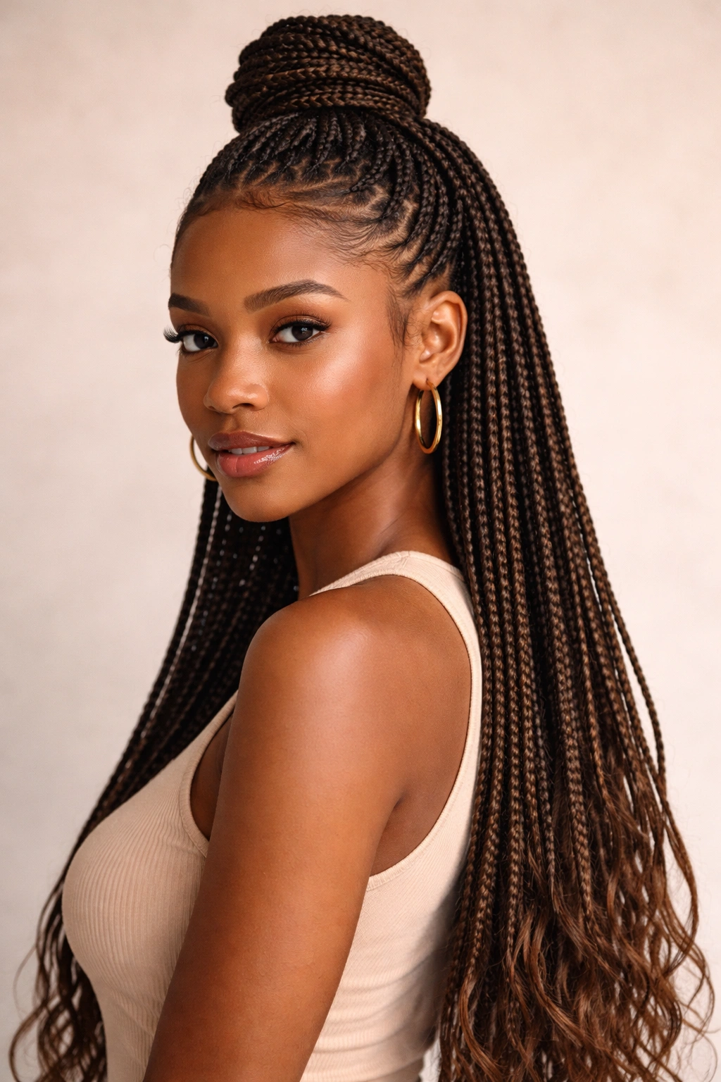 Half-up half-down box braids with top knot and flowing bottom braids