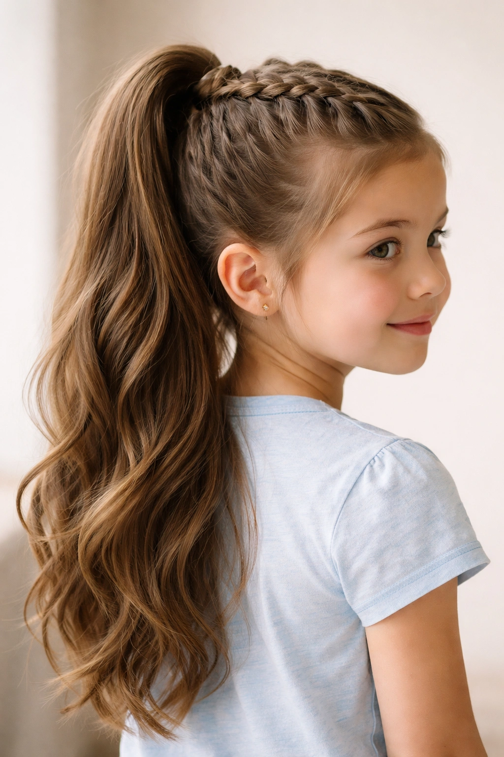 Half-Up Half-Down Braided Ponytail: braided top with loose bottom hair