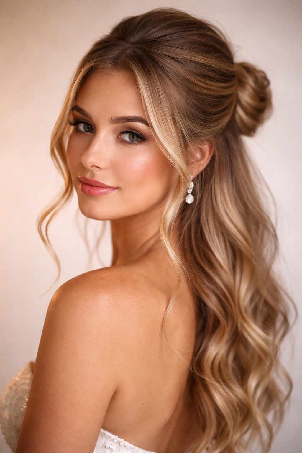 Half-up half-down low bun with top knot and flowing waves