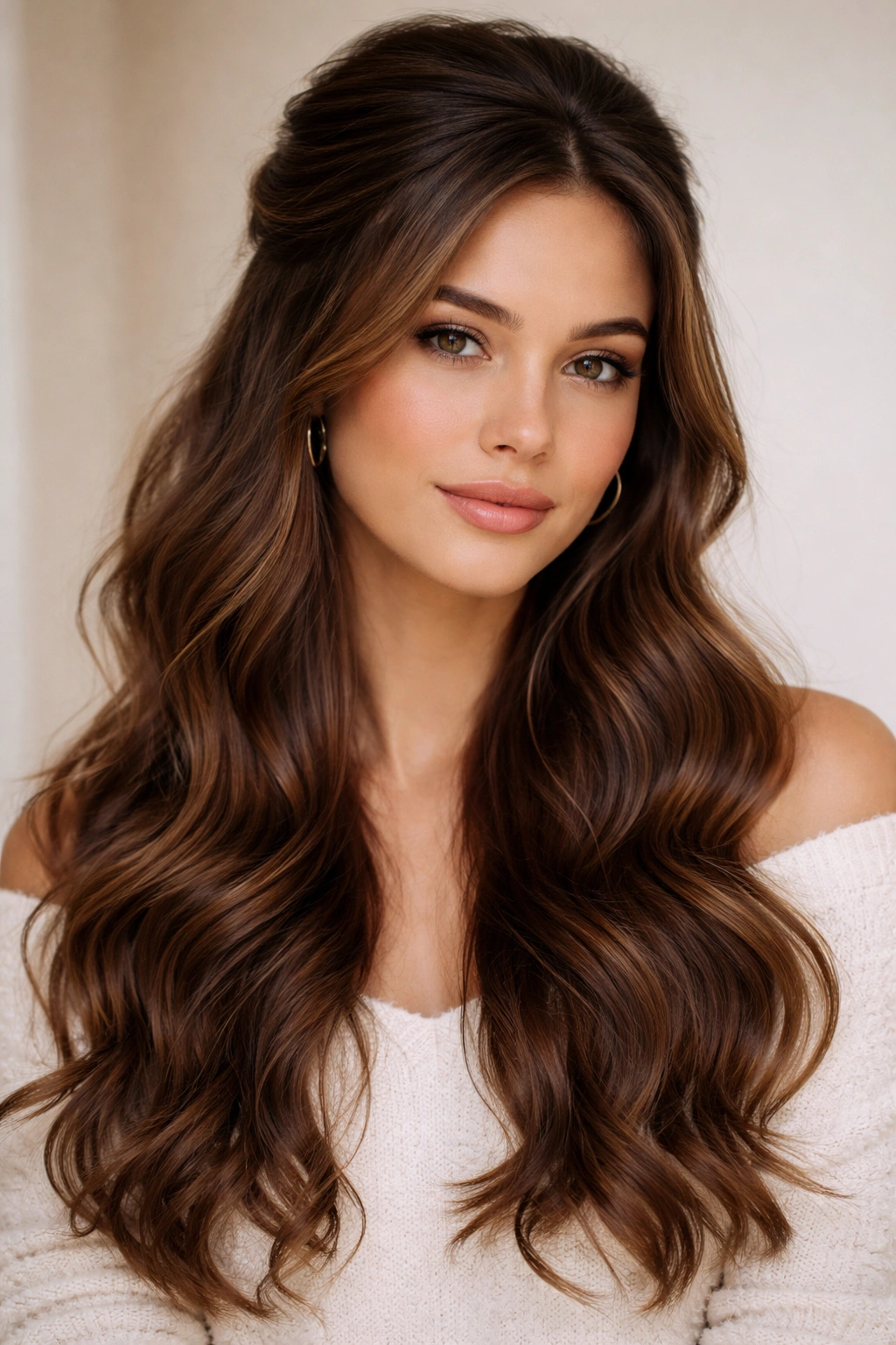 Medium-close portrait of chestnut hair in a wavy half-up half-down with subtle face-framing highlights
