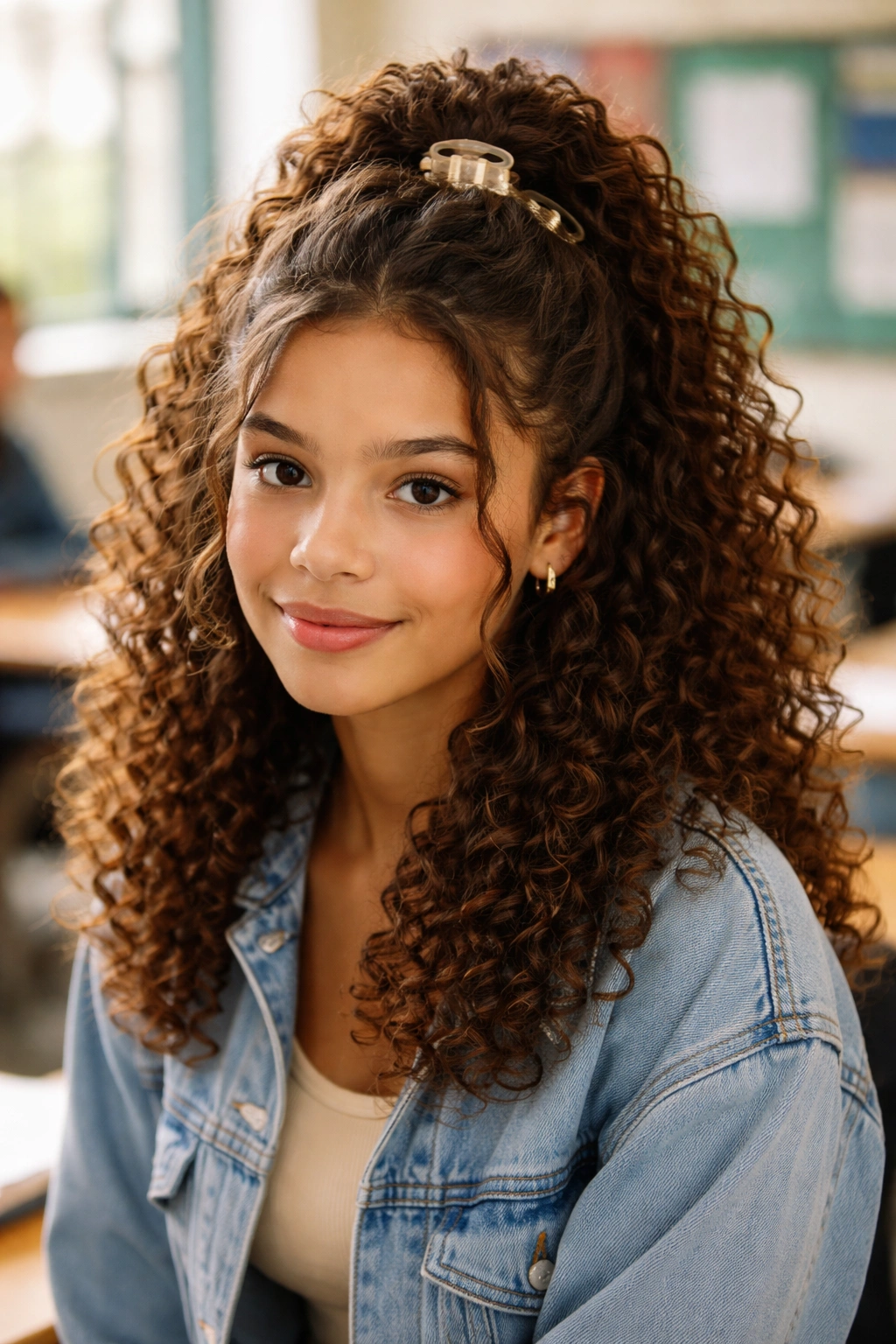 Half-up half-down curly hairstyle secured with a claw clip.