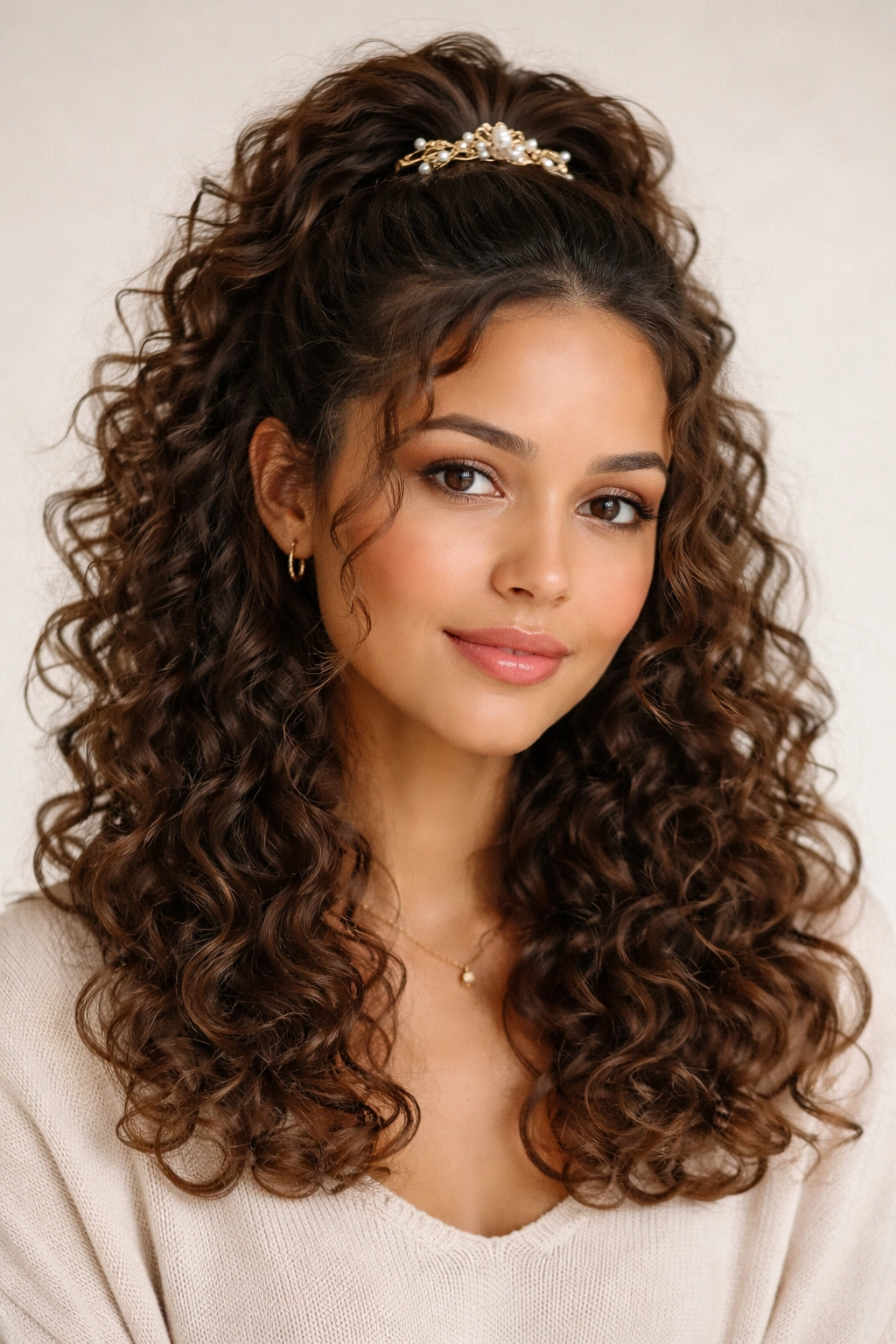 Half-up half-down hairstyle with curls and clips
