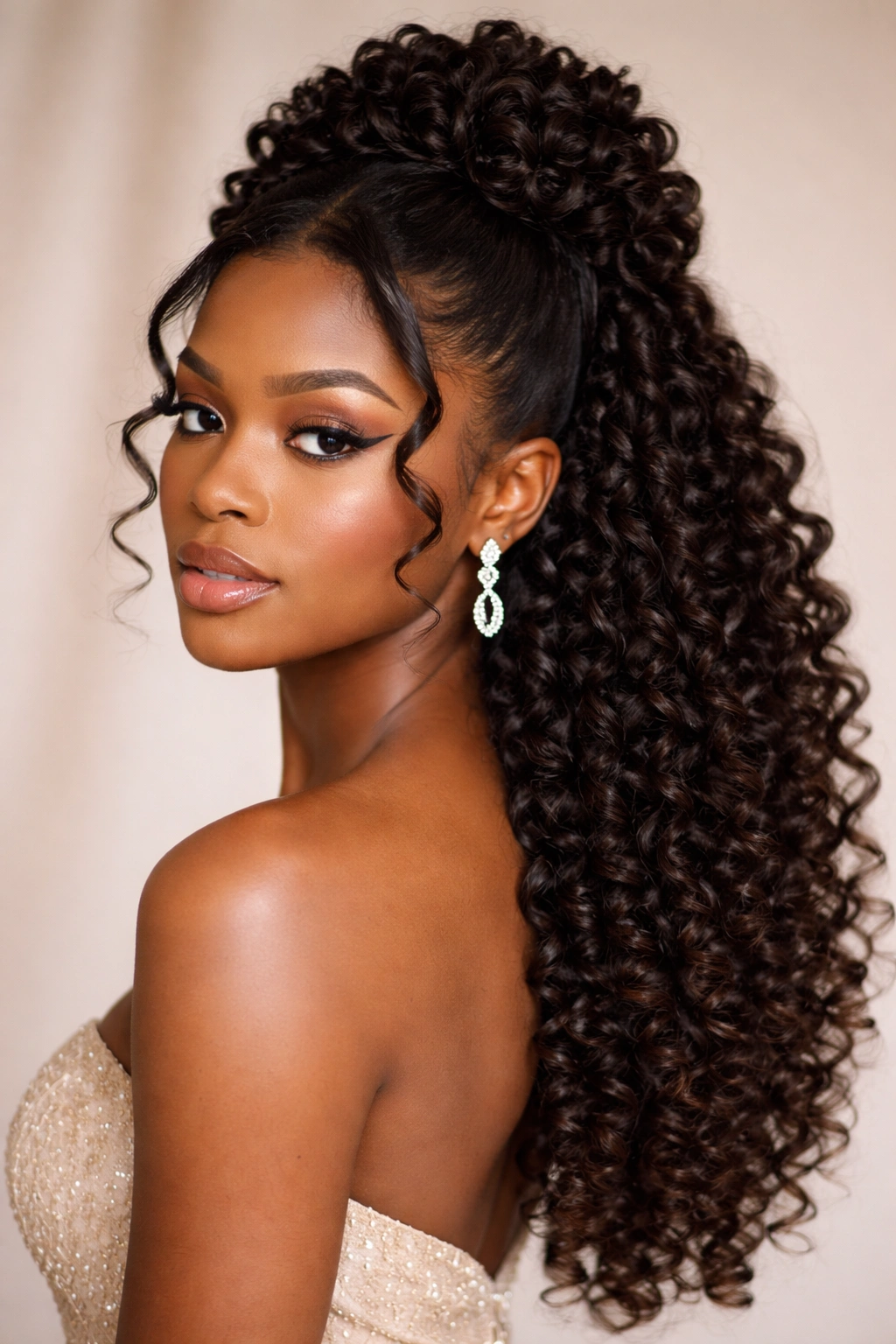 Half-up half-down hairstyle with spiraled coils on textured hair