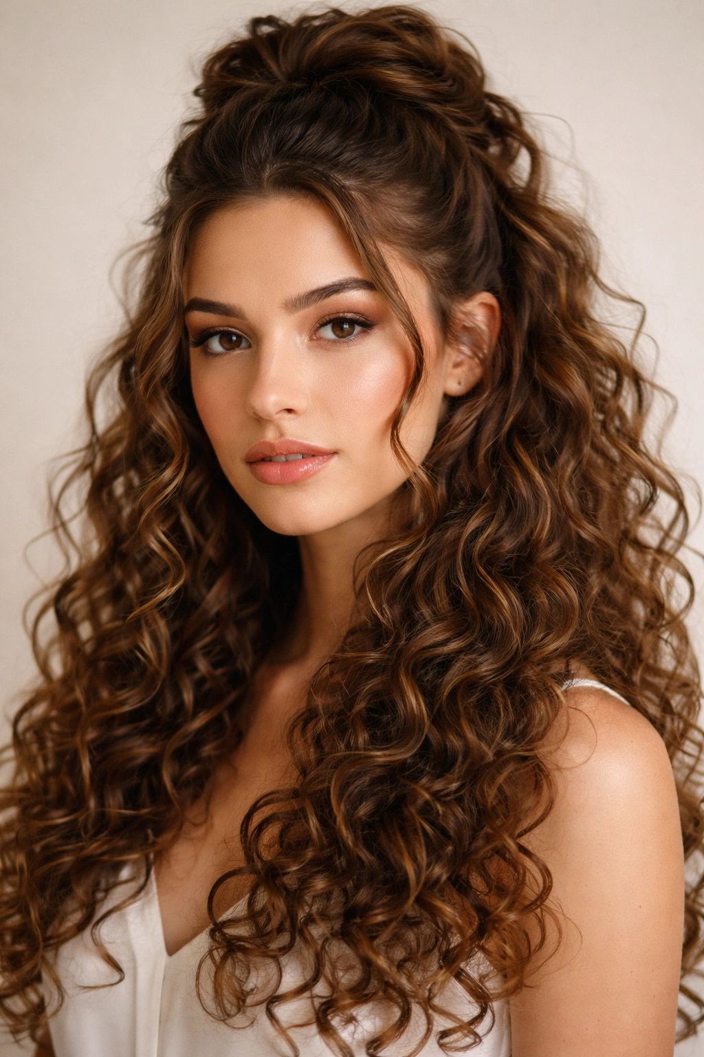 Half-up half-down curly crown hairstyle with crown lift and flowing curls