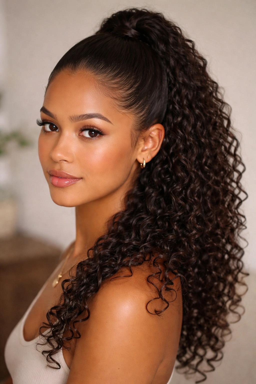 Half-up, half-down hairstyle on curly hair with a sleek top section.