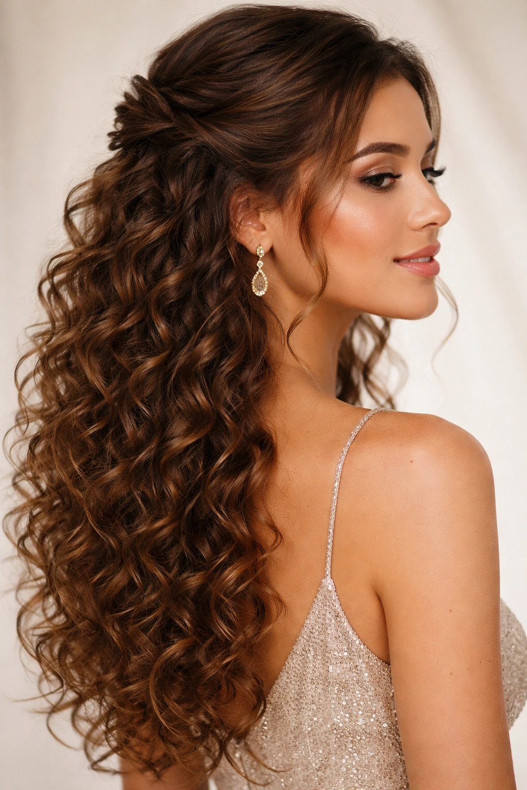 Half-up half-down curly waves with gathered crown and flowing curls, portrait shot