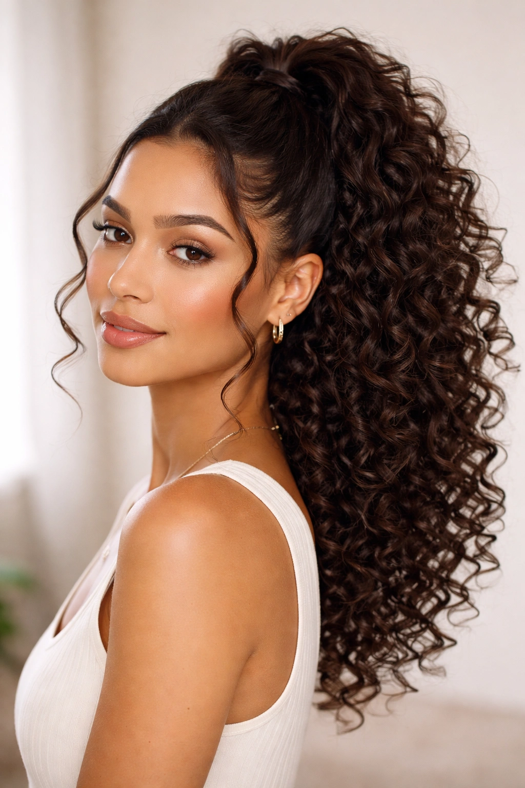 Half-up half-down curly style showing top pony and flowing curls