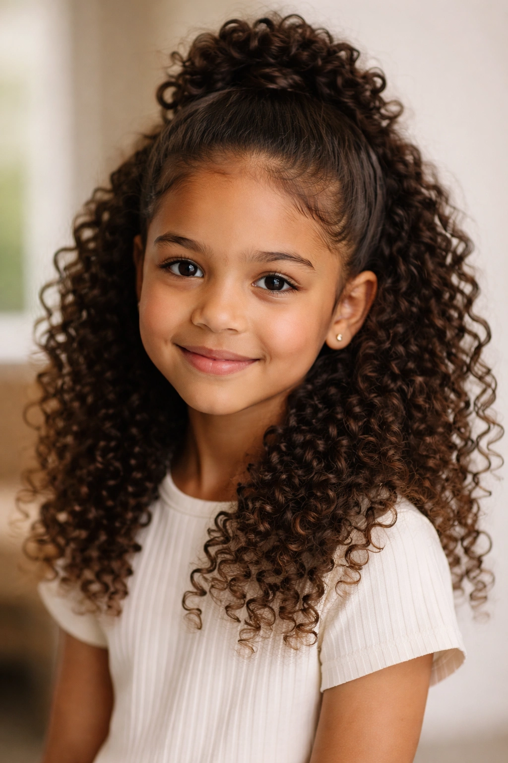 Half-up, half-down hairstyle showing defined top with loose curls below