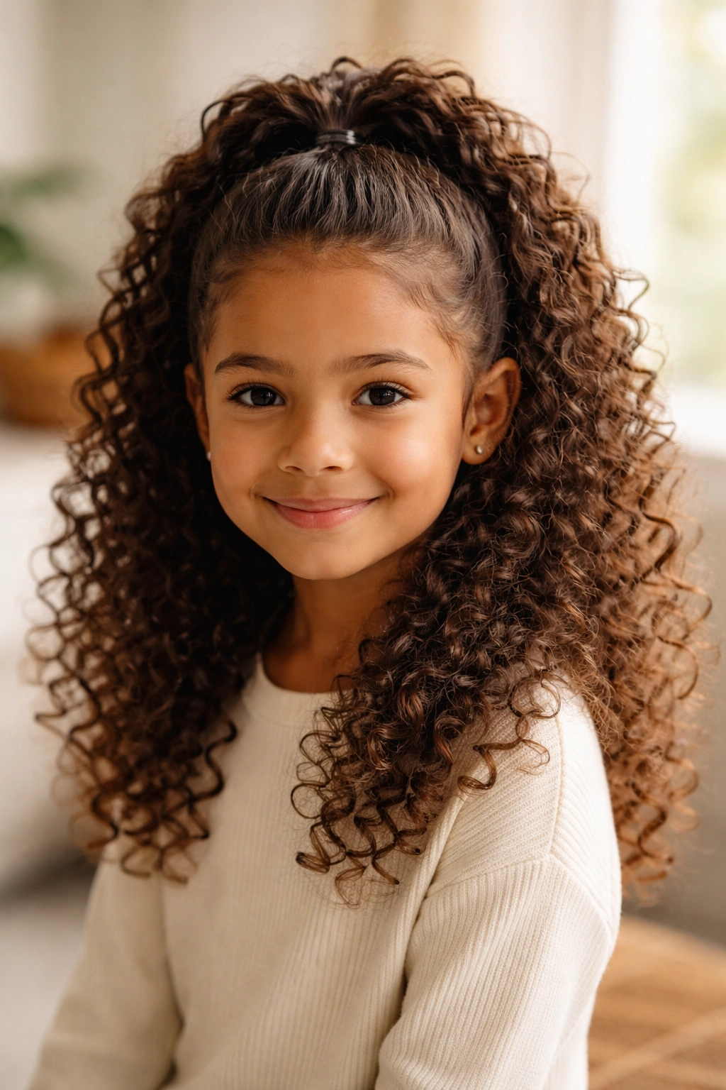 Close-up of a child with a half-up half-down hairstyle showing top section tied back and loose curls