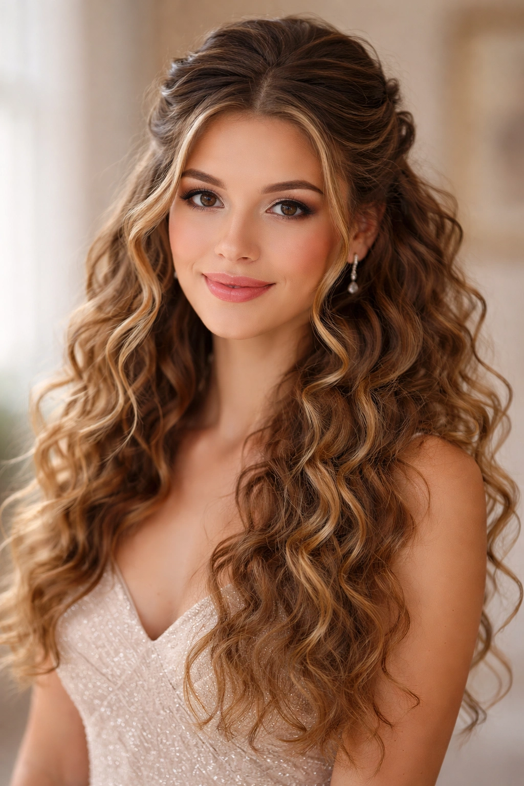 Half-up half-down hairstyle with loose waves on the lower half