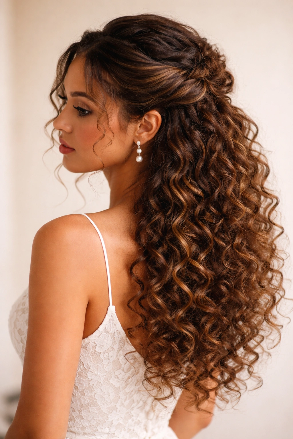 Half-up half-down curly hairstyle with top gathered and cascading curls.