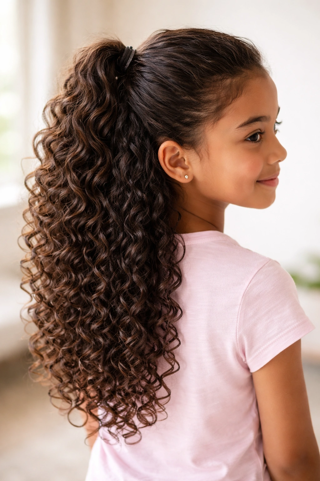 Half-up half-down curly hairstyle with defined top pony and loose curls.