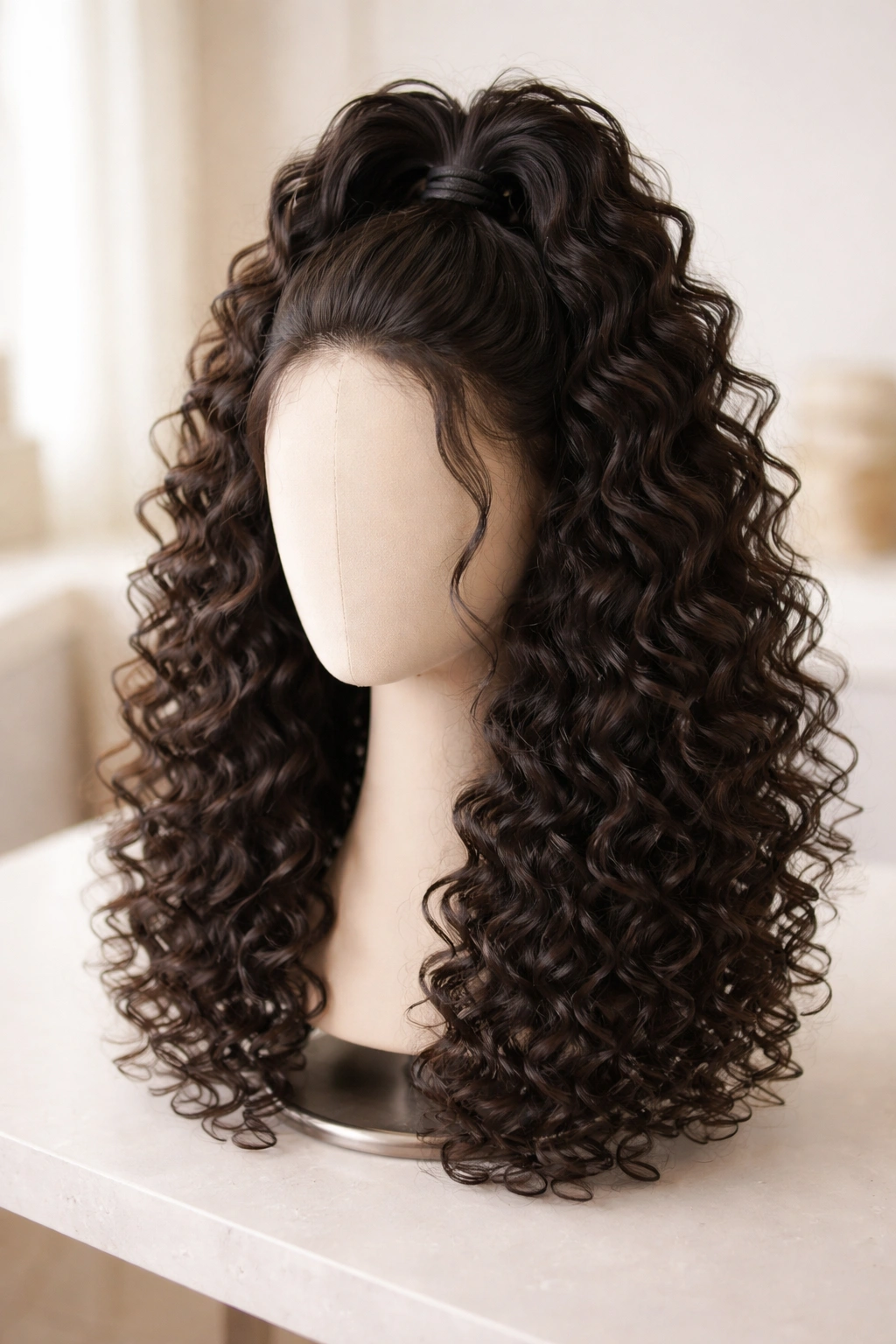 Half-up half-down curly wig displayed on a mannequin head in a clean studio setting.