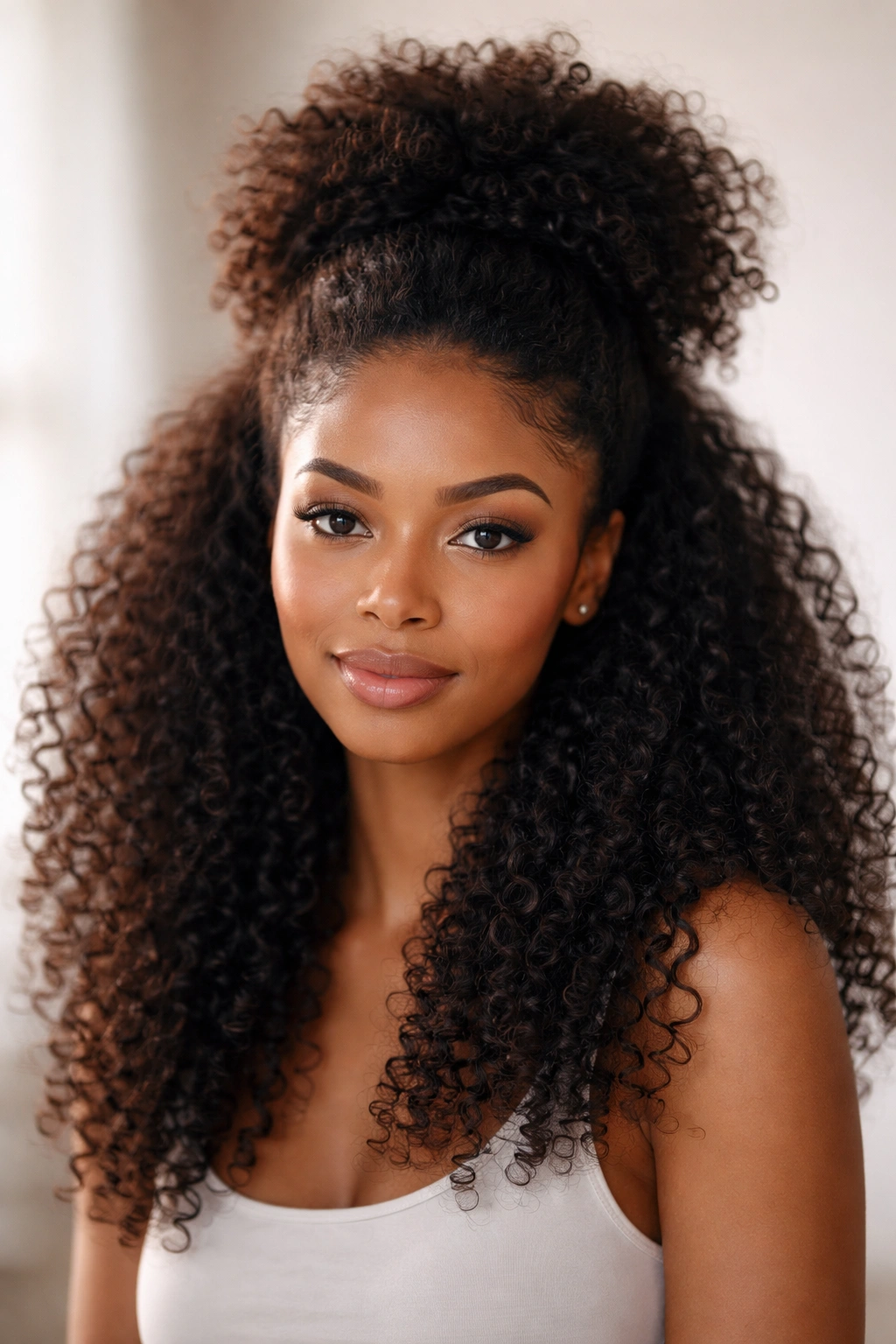 Half-Up Half-Down Fro hairstyle with top puff and loose curls