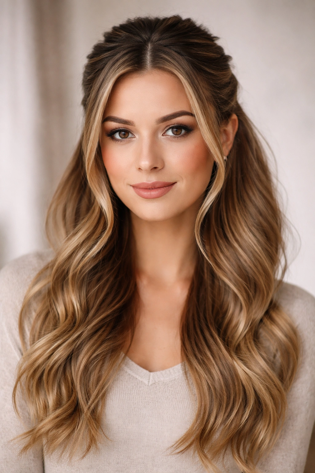 Front view of half-up half-down hairstyle with middle part and crown pull-back