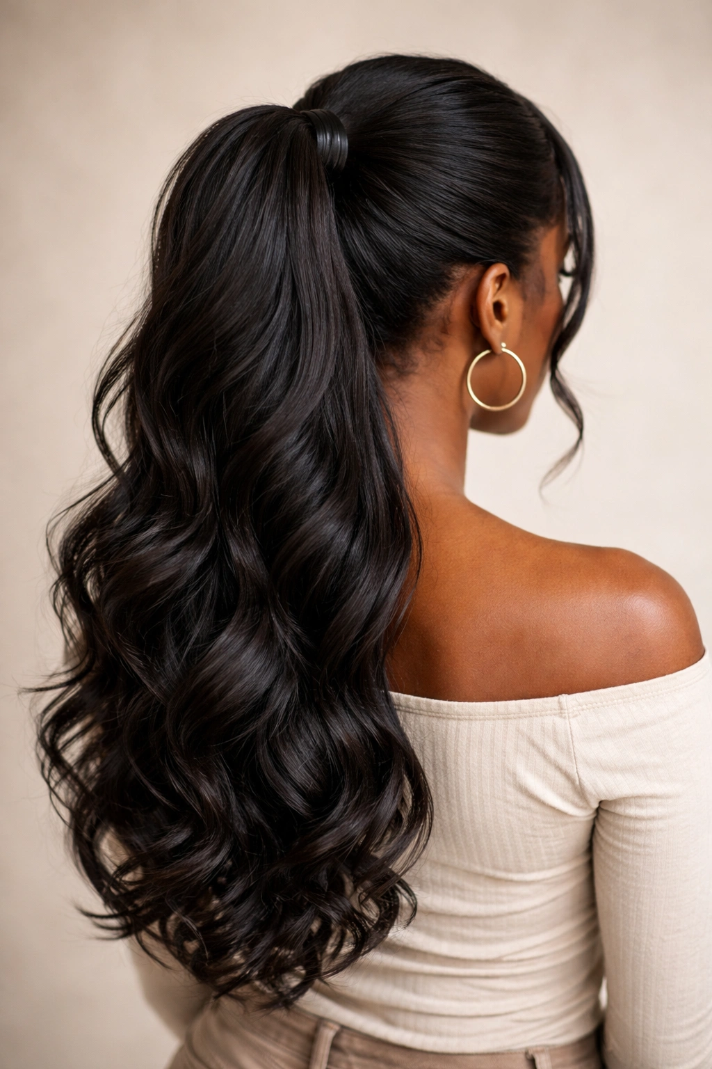 Half-up half-down mid-height ponytail showing gathered top and loose bottom