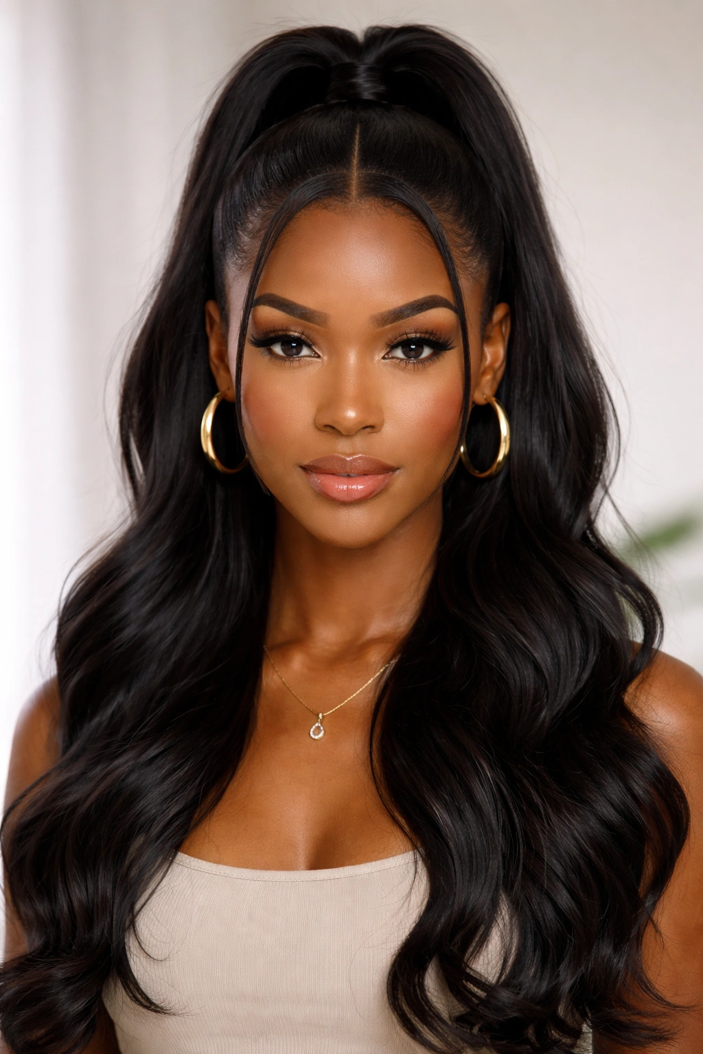 Portrait of a Black woman with half-up half-down middle part ponytail