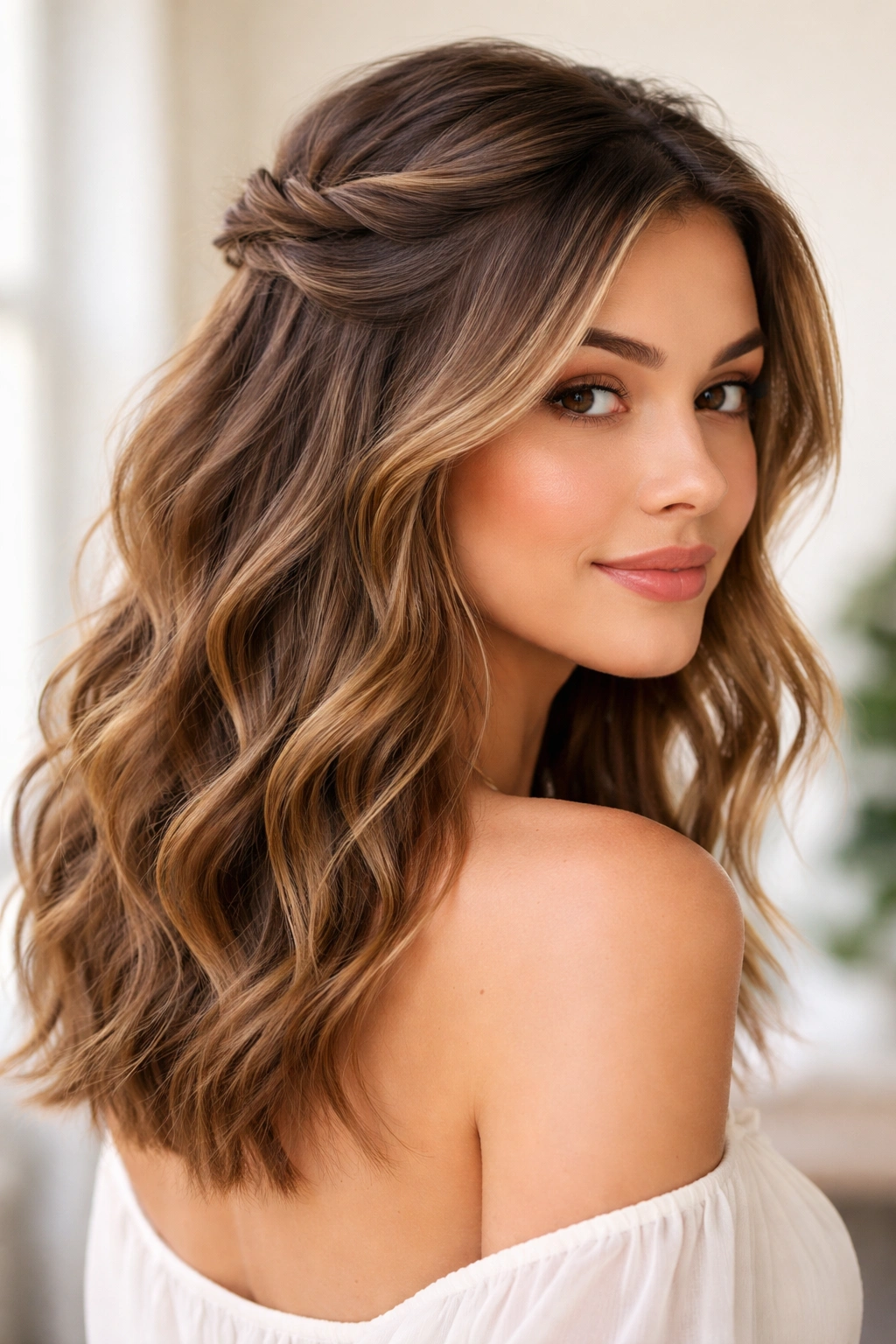 Half-up half-down textured hairstyle on medium-length wavy hair