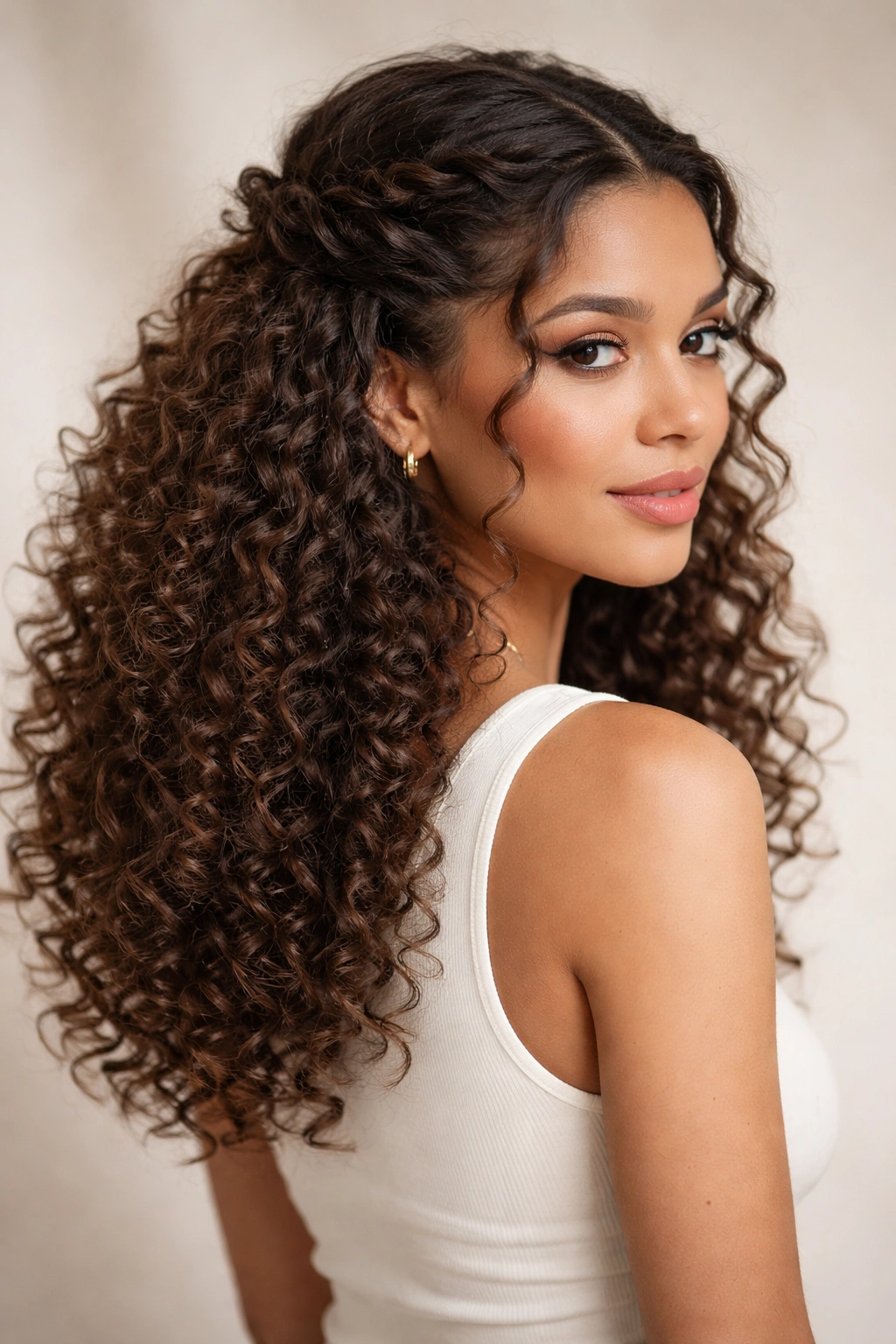 Half-up half-down hairstyle with twisted crown sections