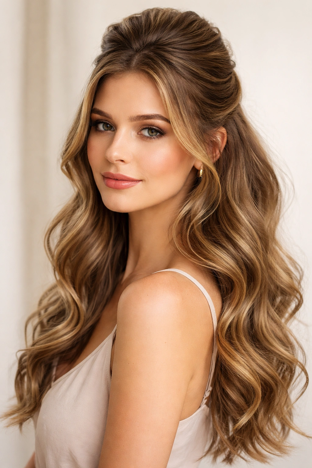 Wavy half-up, half-down hairstyle with a smooth top knot and loose waves