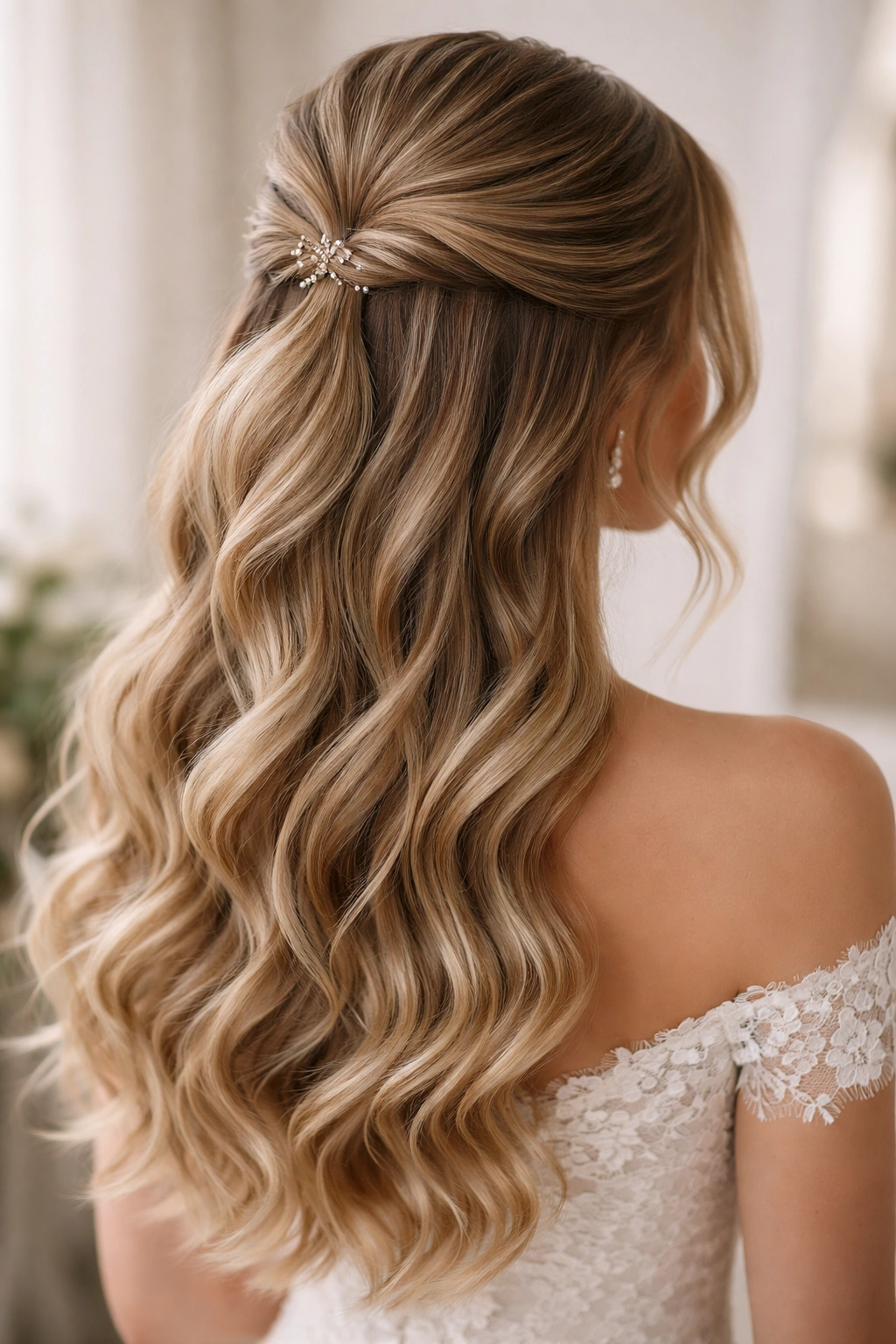 Close-up of half-up half-down waves with top gathered section