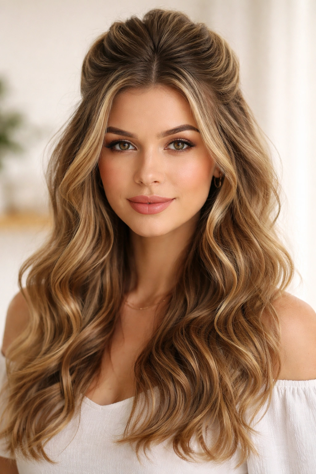 Half-up half-down wavy hairstyle with crown lift, elongating the face for square faces