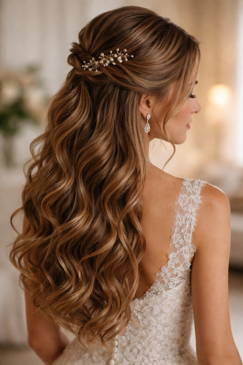 Romantic half-up half-down waves styled for a wedding