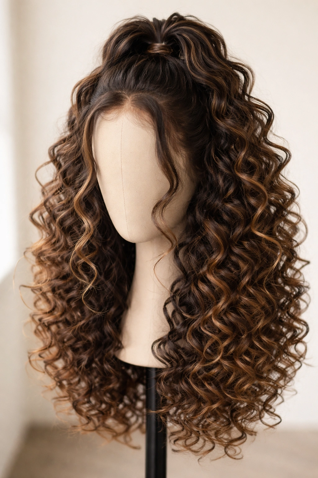 Lace-front wig in half-up half-down style with gathered top and flowing curls