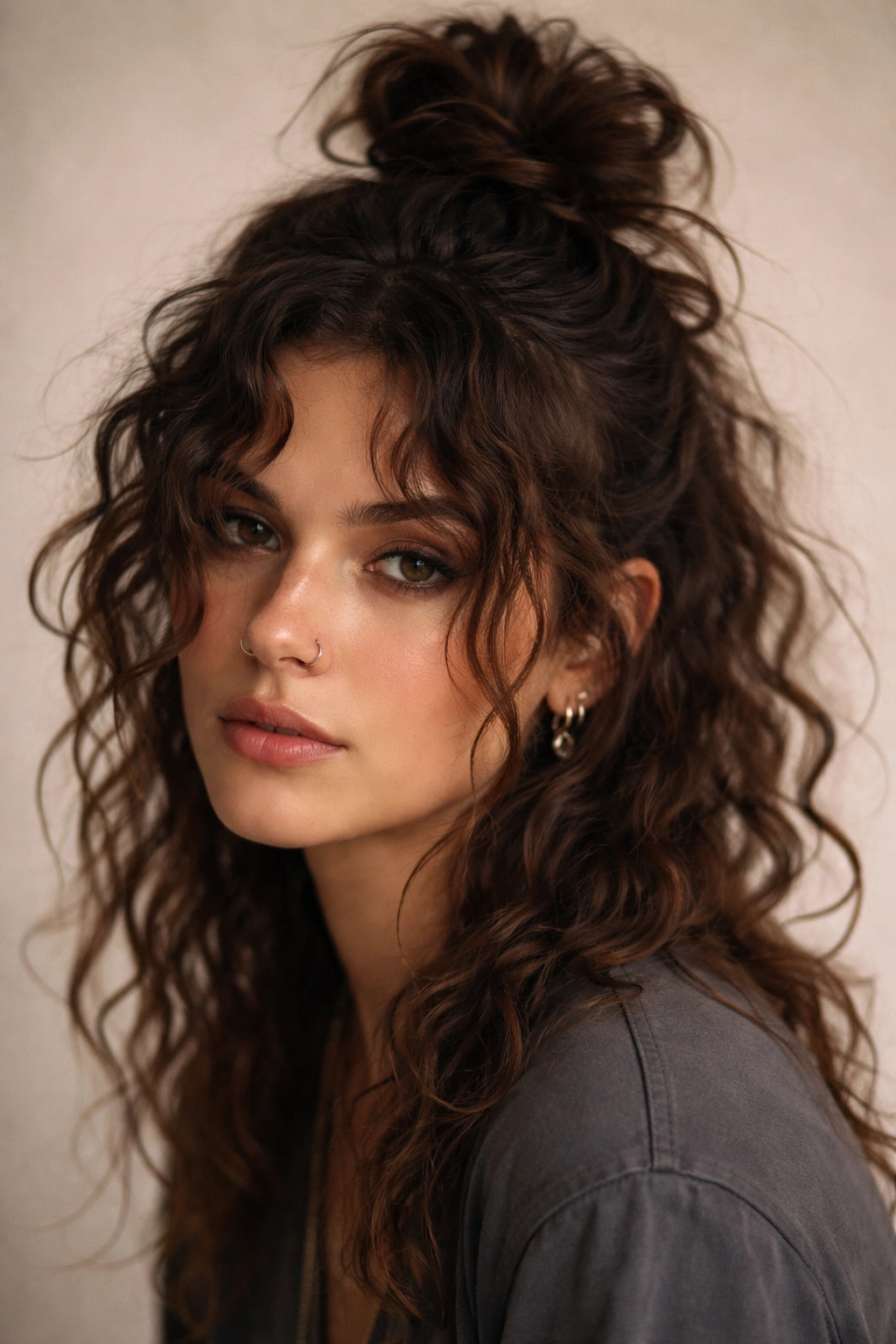 Close-up of curly hair with a loose half-up knot and face-framing curls