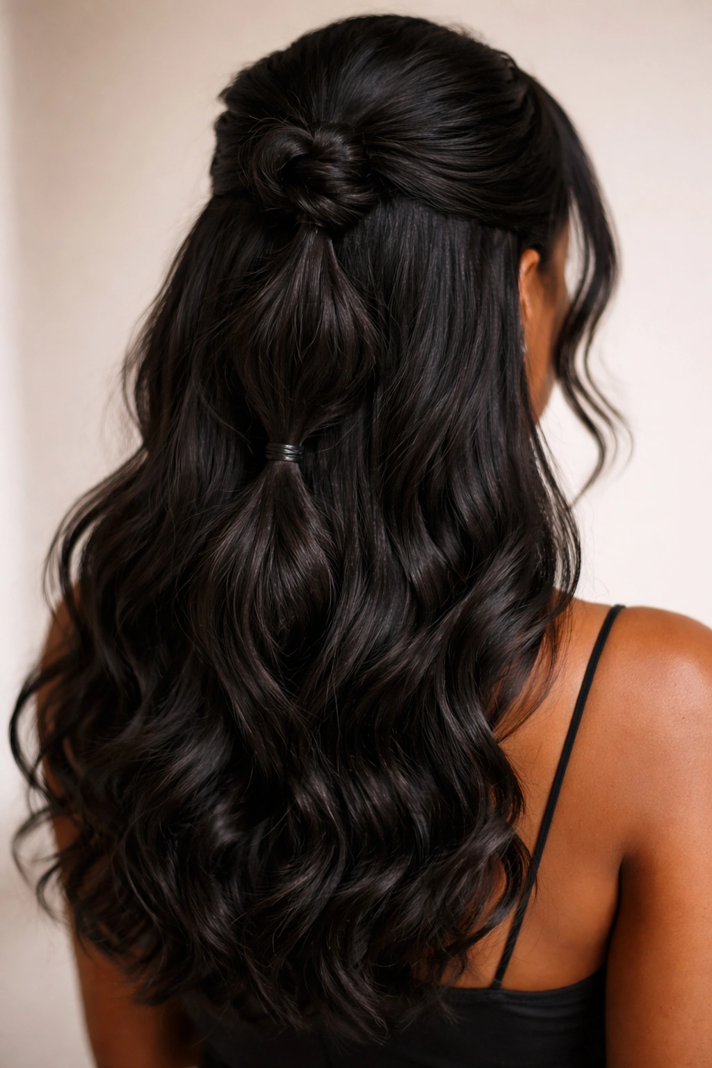 Half-up layered look with crown knot and lower elastic-gathered section on black wavy hair