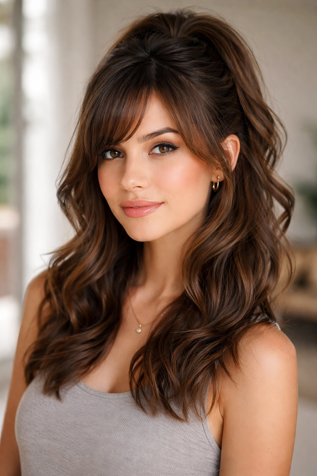 Layered shoulder-length wavy hair with a half-up style and side bangs on a head form