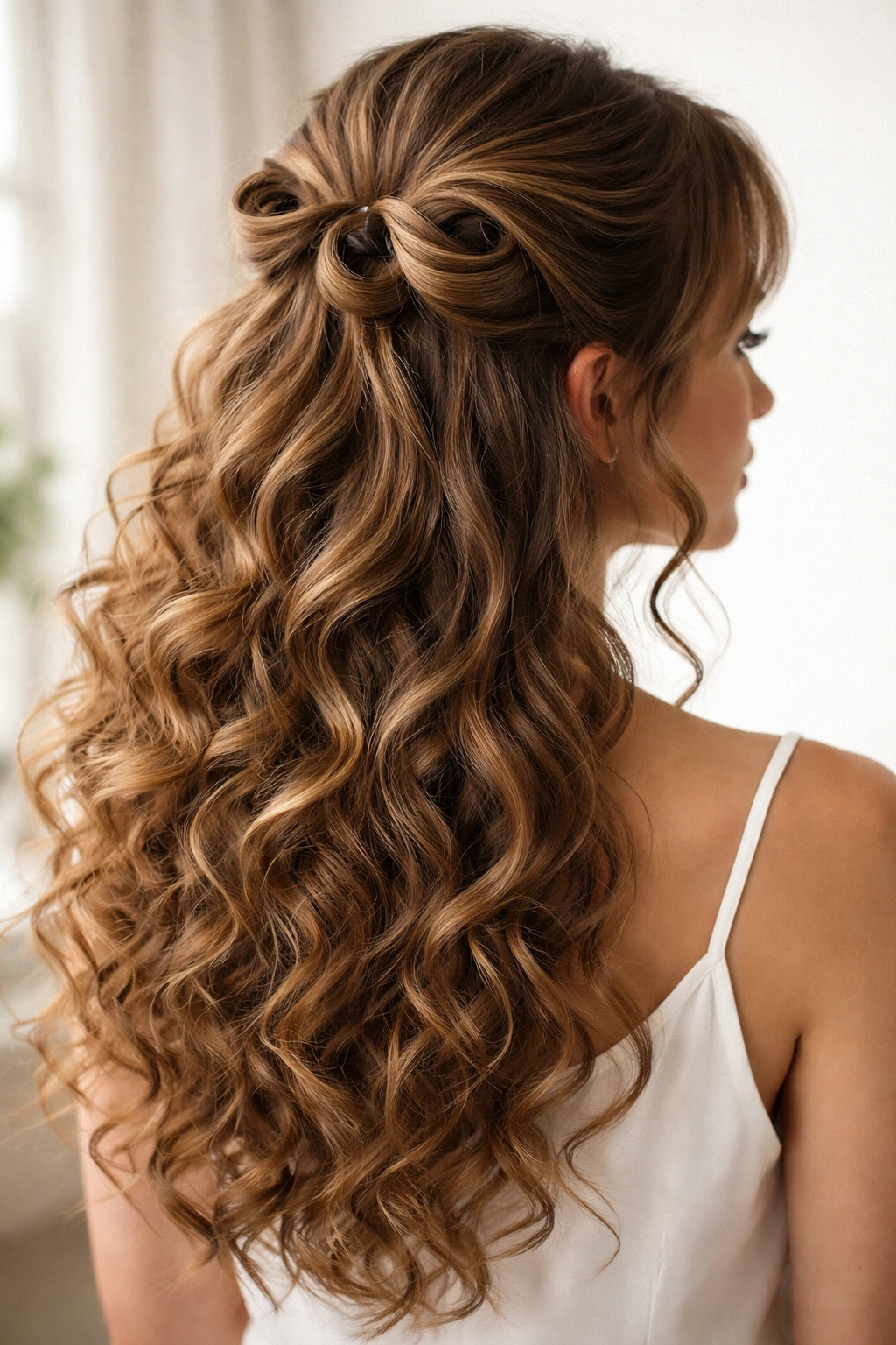 Back view of high twisted half-up hairstyle with looped curls