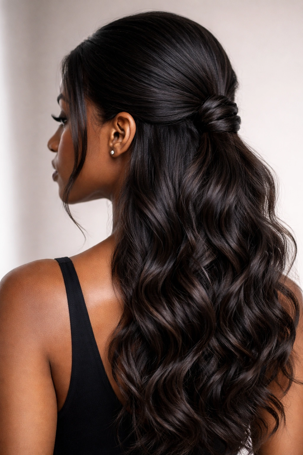Sleek half-up with a low knot and loose waves on black hair