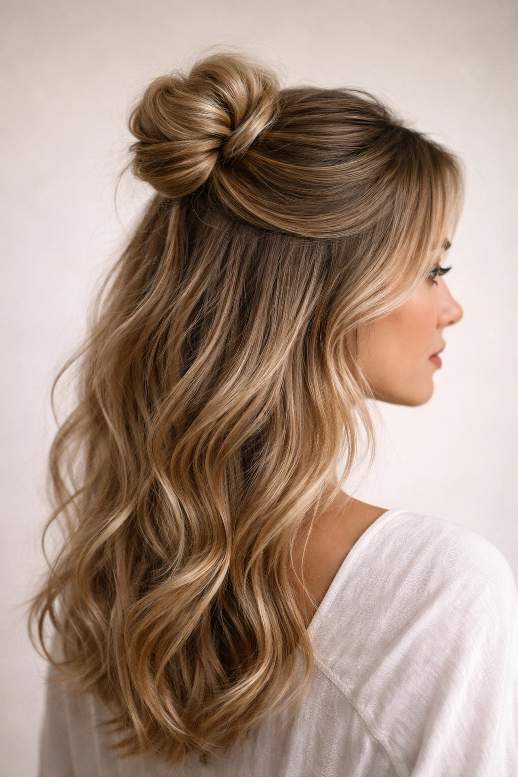 Half-up messy bun with crown bun and loose waves