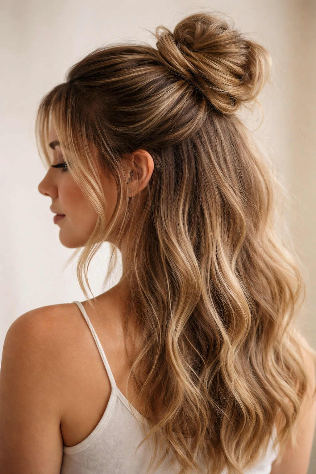 Close-up of half-up messy bun with loose waves in a studio setting