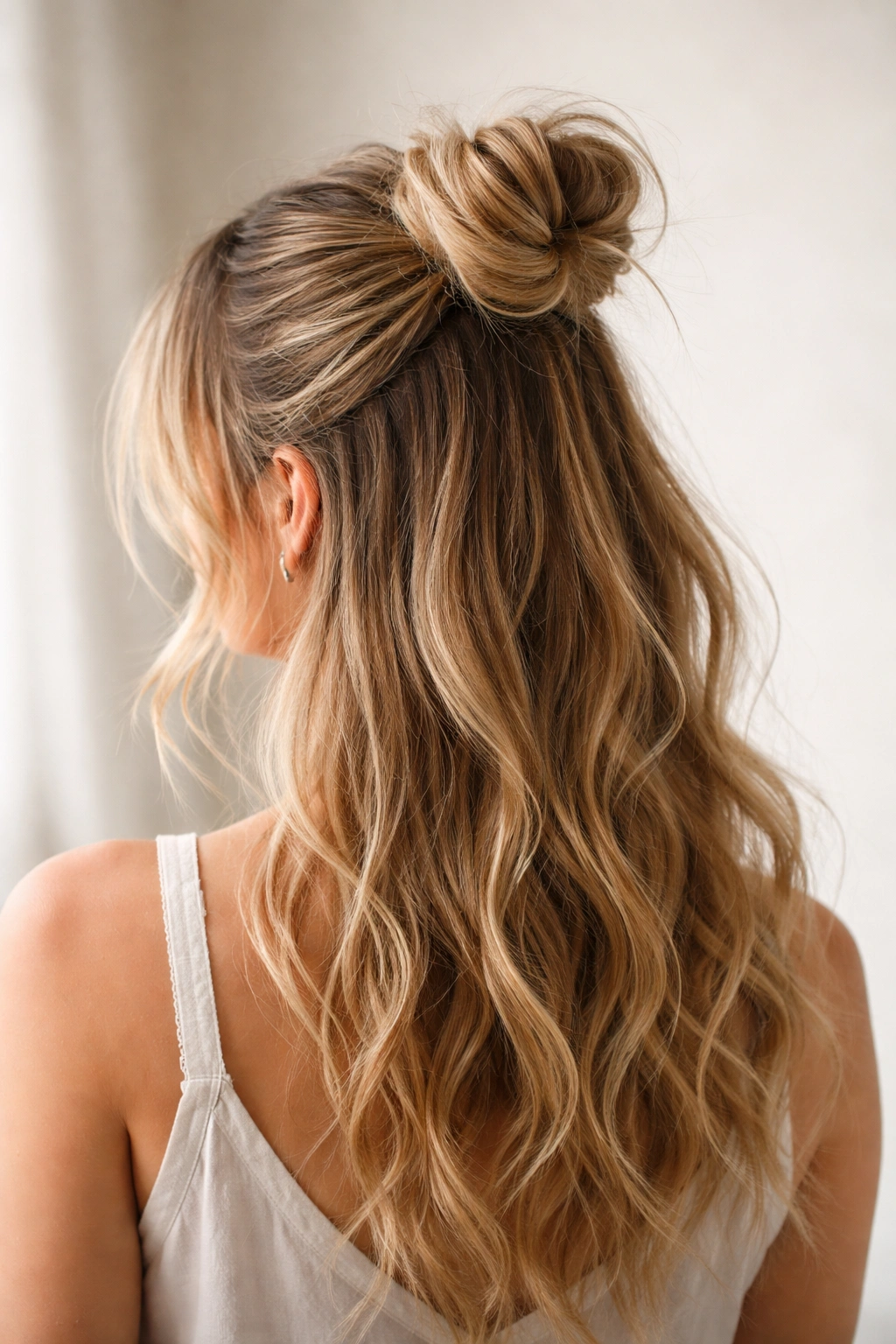 Half-up messy bun with top bun and flowing hair below.