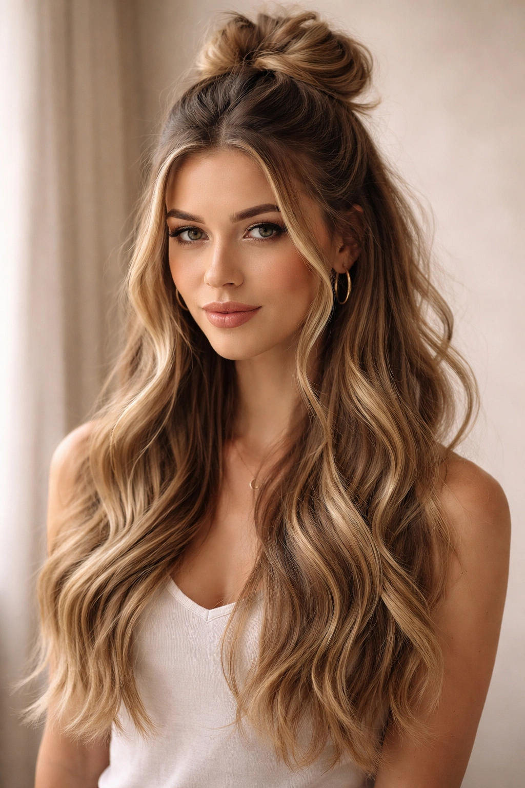Close-up of long hair with a middle part and a loose half-up bun showing texture and length