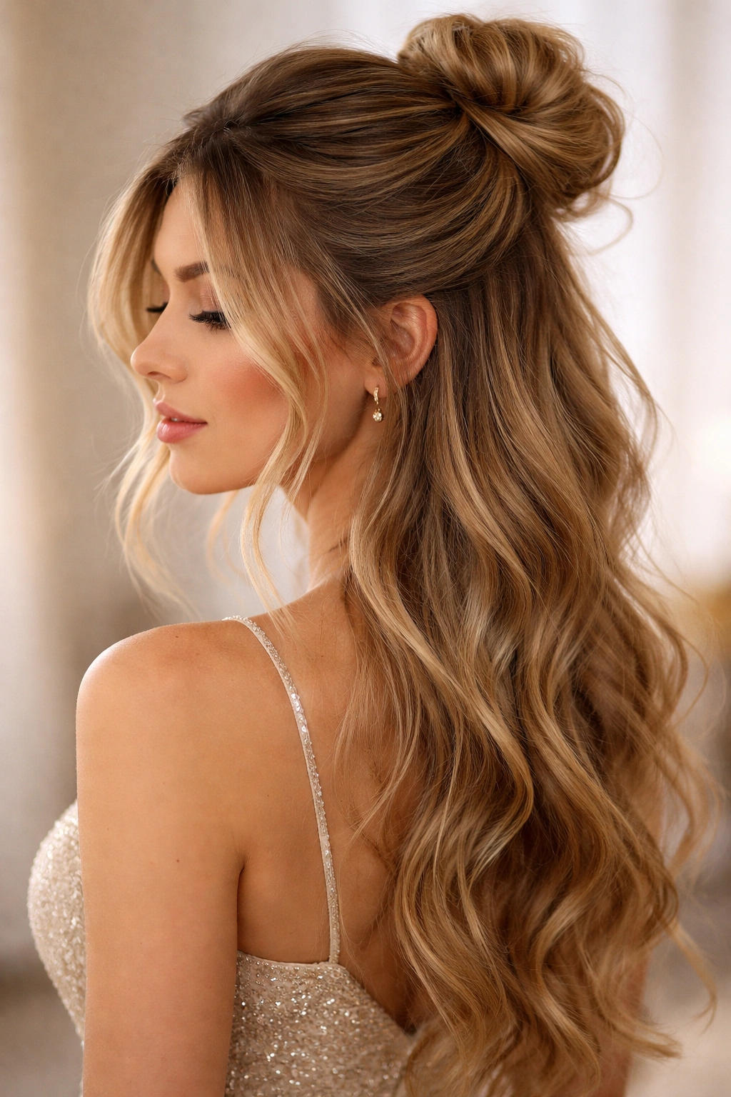 Half-up messy bun with top bun and flowing waves beneath.