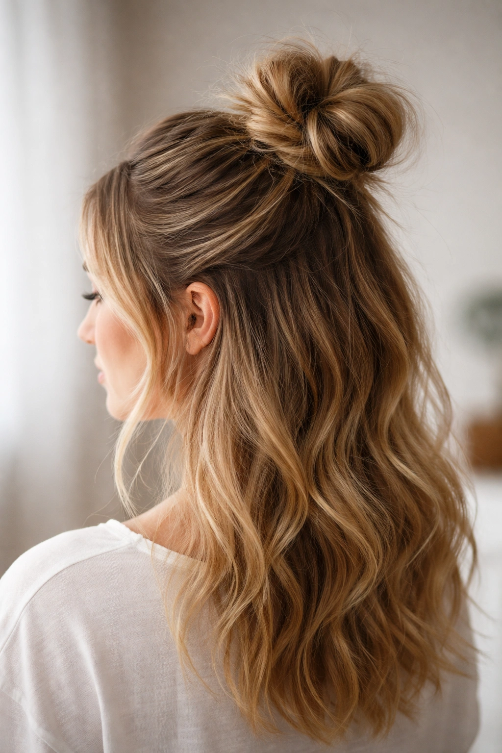 Half-up messy bun at crown with loose textured hair