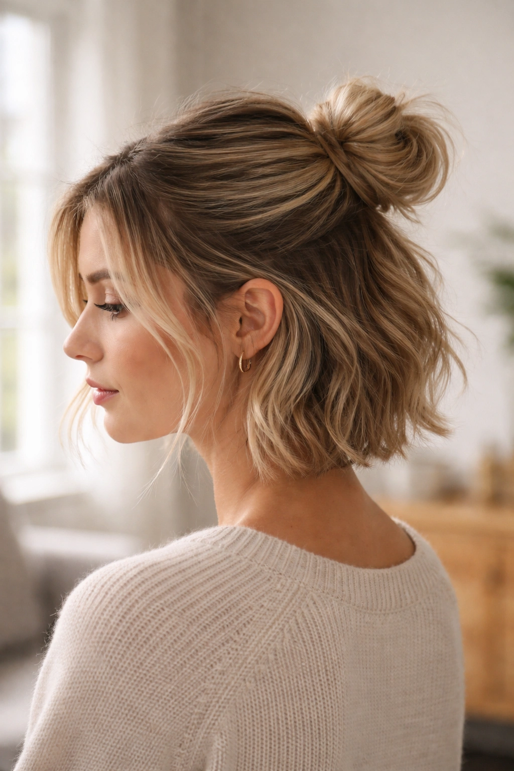 Side-profile portrait of a person with short hair in a loose half-up messy bun.