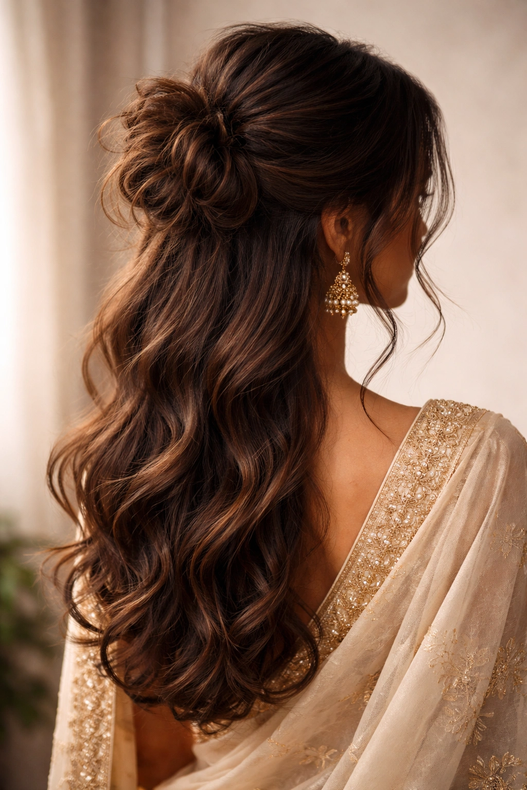 Back view of half-up messy bun with loose waves