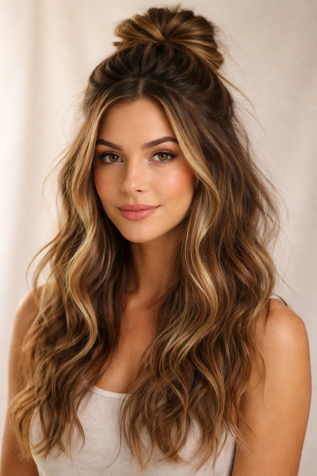 Half-up messy bun with loose waves around the face.