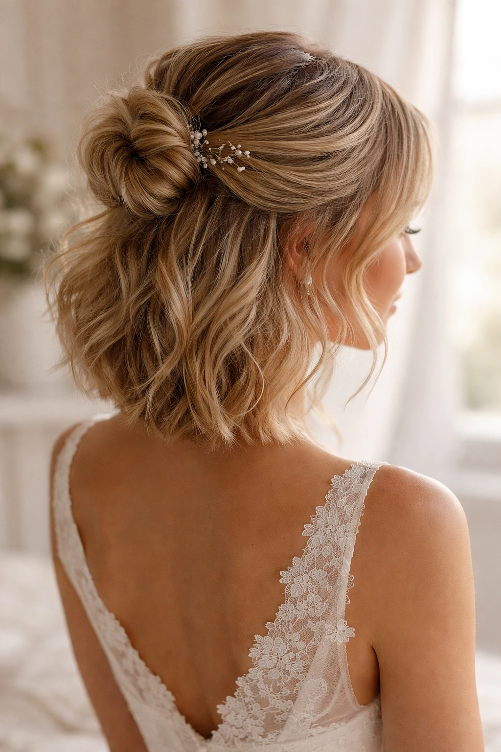 Side view of a romantic half-up messy bun on short hair with flowing lower locks