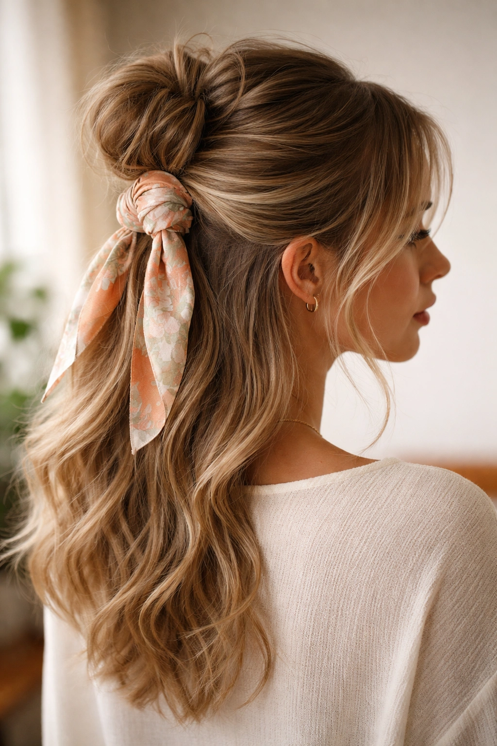 Half-up ponytail with scarf-wrapped base and loose hair below