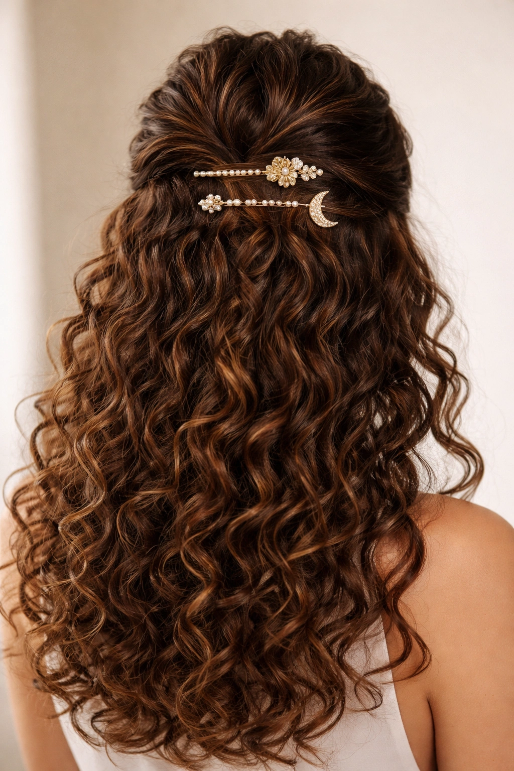 Top half hairstyle with decorative pins and clips securing curls
