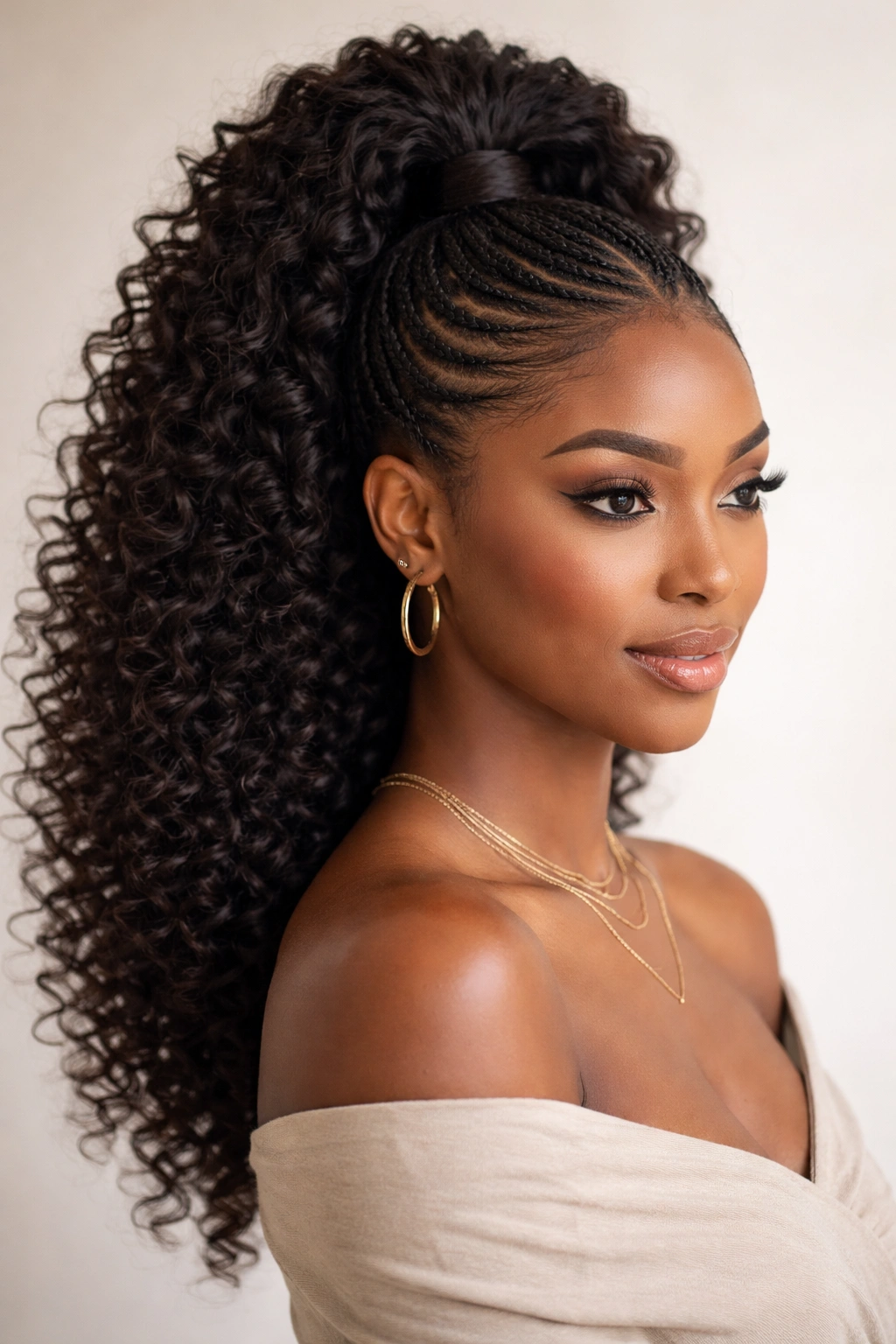 High half-up pony with braided crown on natural hair