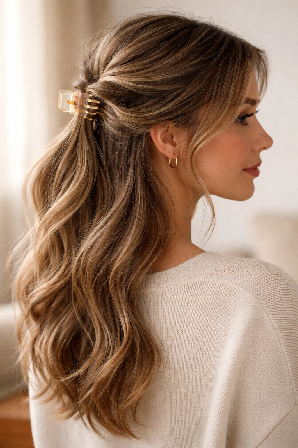 Half-up pony with a loose twist secured by a claw clip