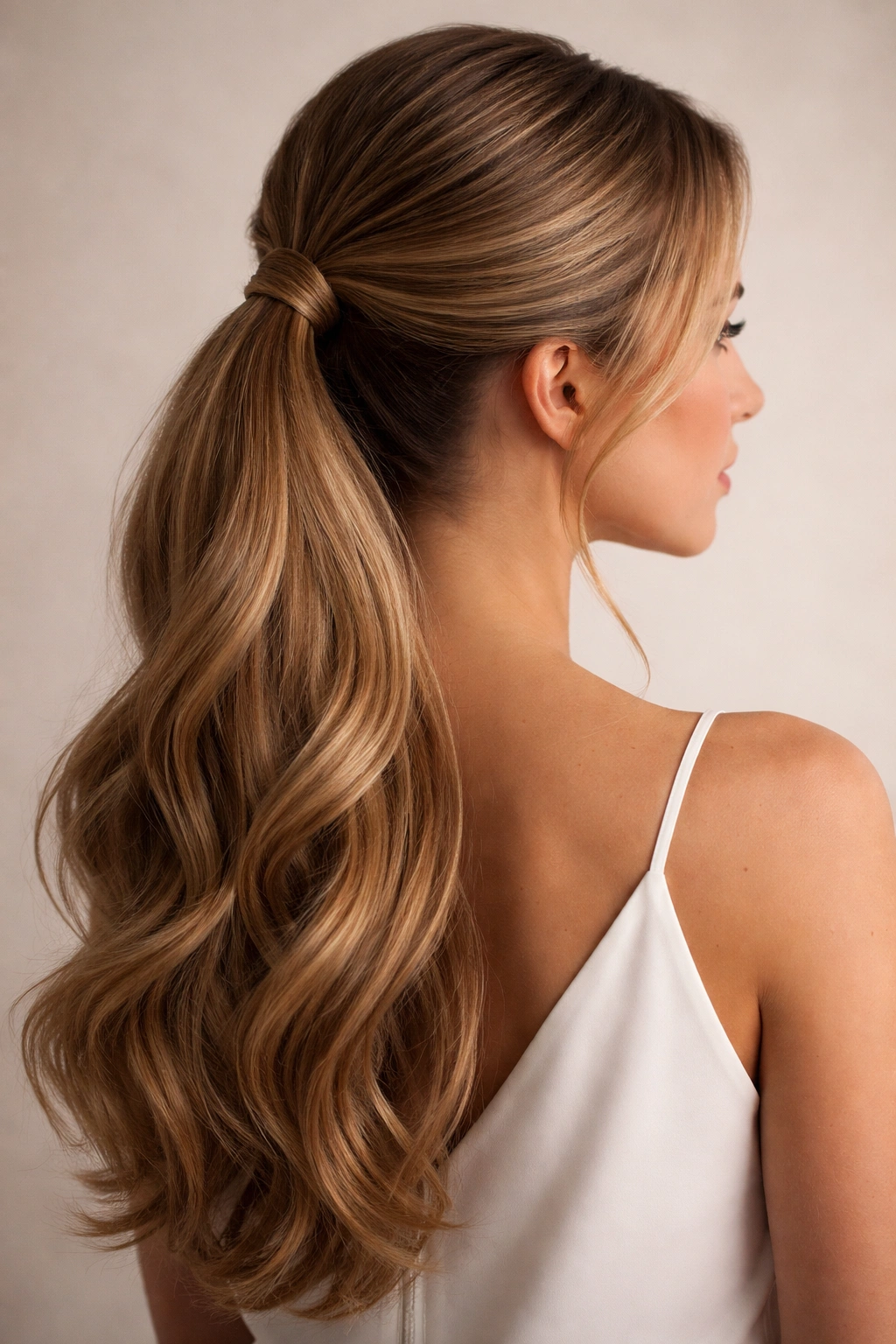 Half-up pony at crown with remaining hair flowing down for a soft, romantic look.