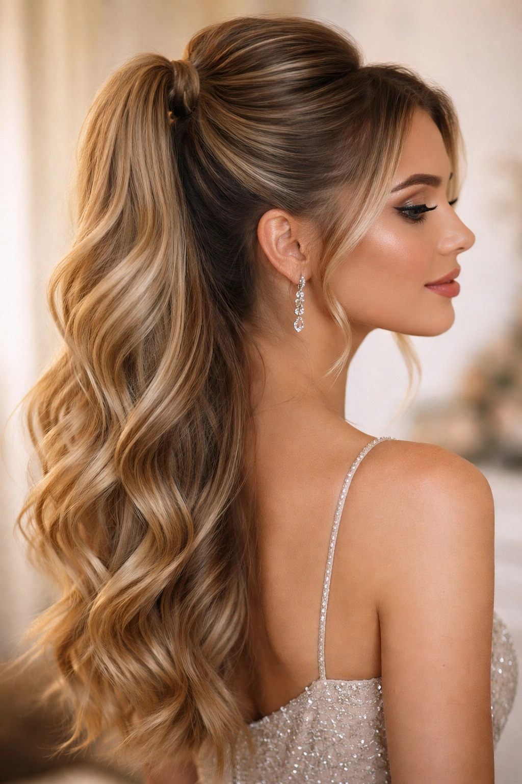Side profile view of Half-Up Half-Down Pony hairstyle with teased crown and flowing waves