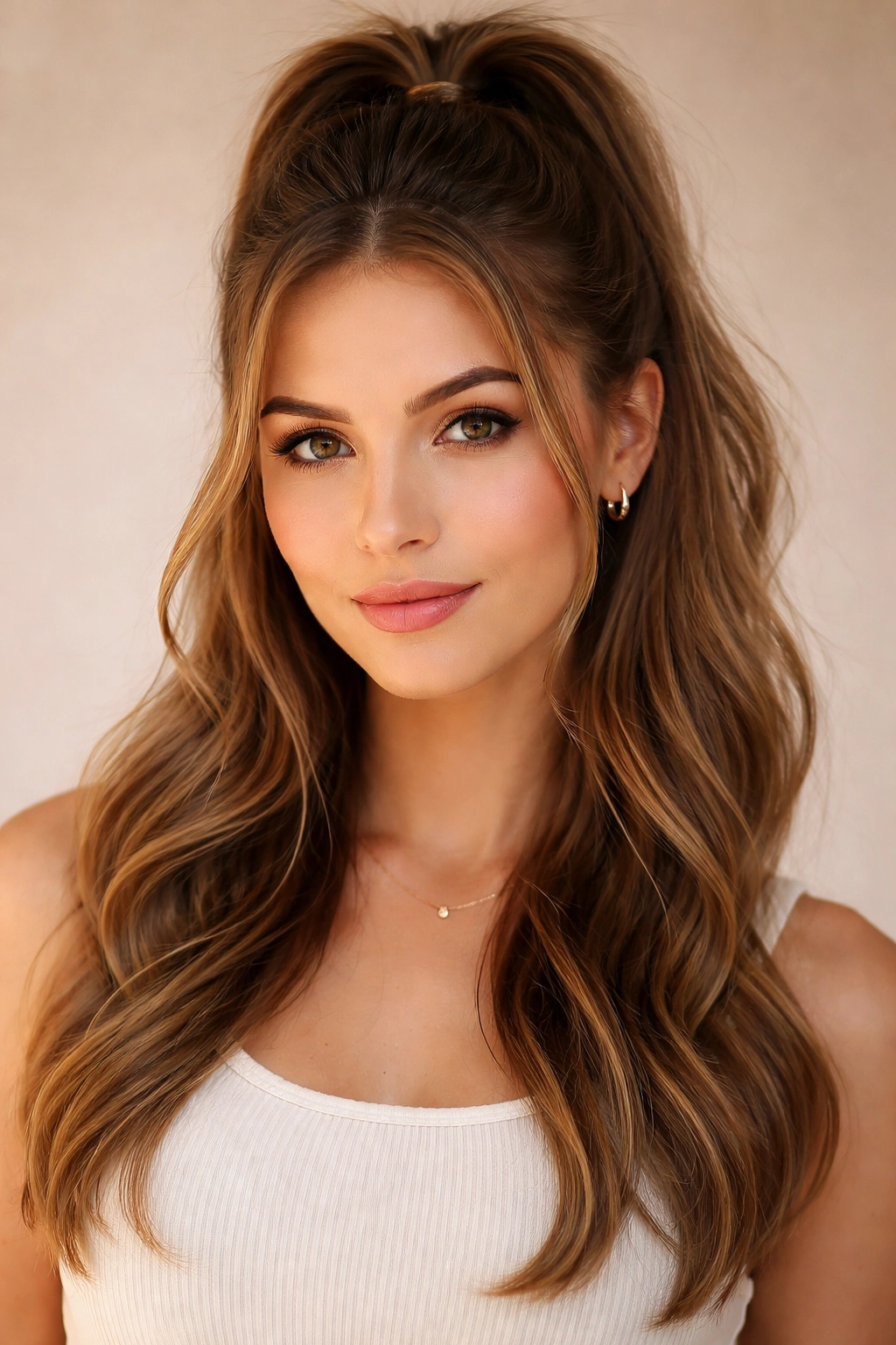 Front view of a half-up ponytail showing gathered top and flowing hair